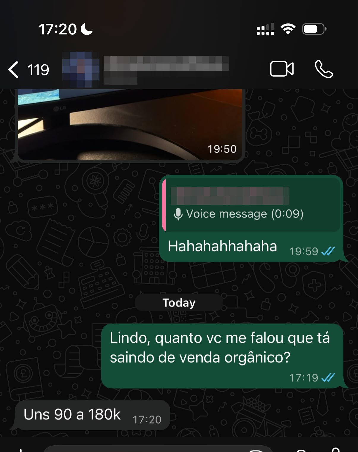Conversa de WhatsApp: cliente reportando R$ 90 a 180 mil por mês em vendas orgânicas
