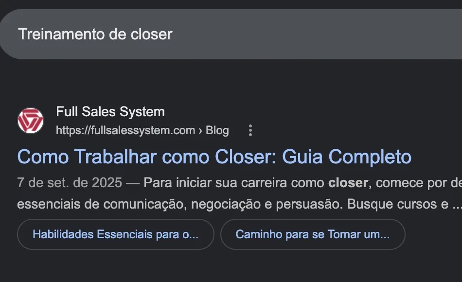 Resultado do Google: Full Sales System em primeiro lugar orgânico na busca da categoria